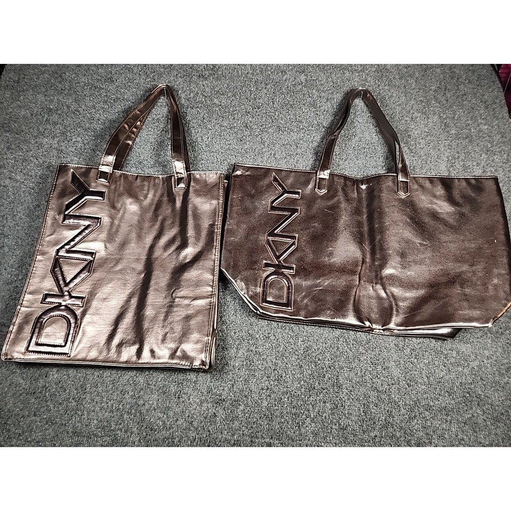 DKNY Metallic Bronze Tote Bag Set Large Shoulder Handbag GWP Shopper 2pc Lot